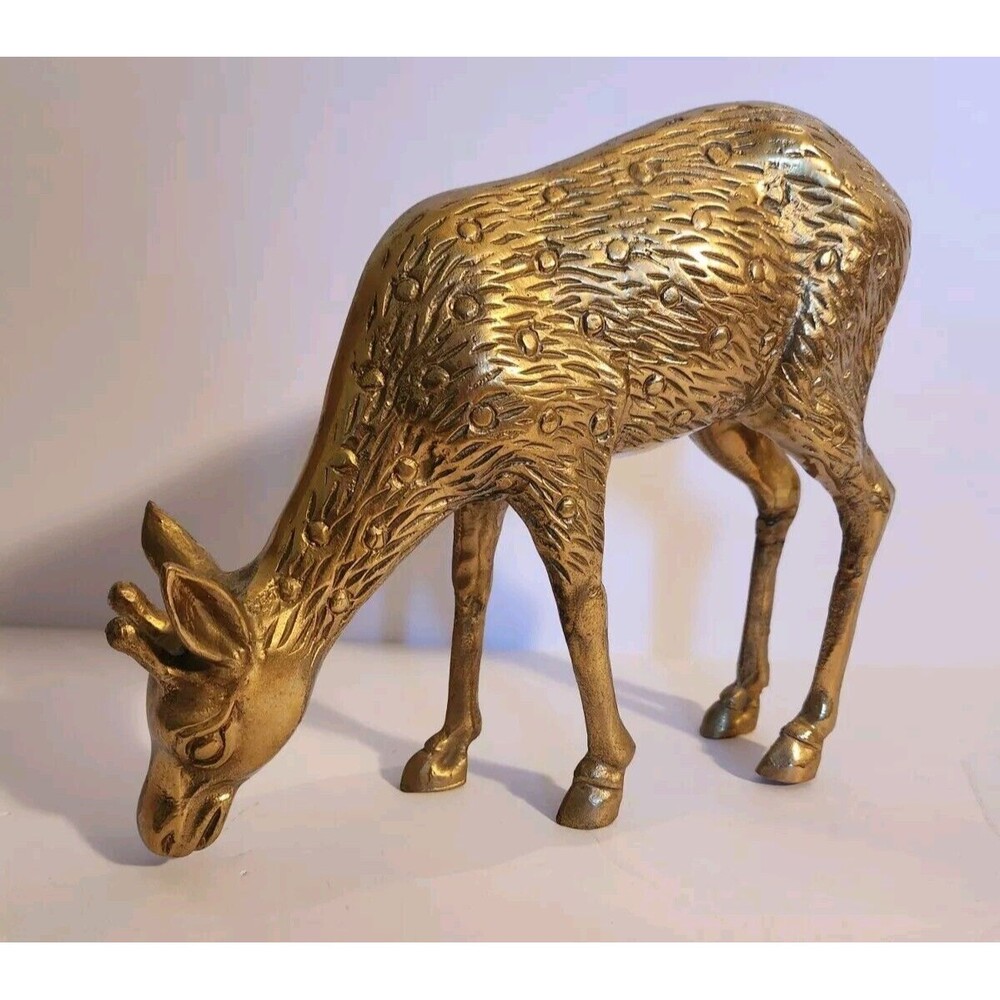 Mid Century Vintage Brass Spotted Deer Doe Large Figurine 10" X 8"